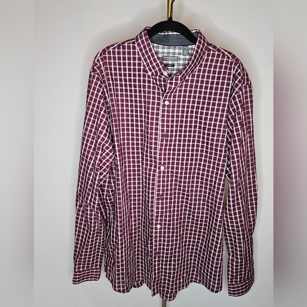 Van Heusen Burgundy & White Checkered Long Sleeve Button Down Shirt - XL